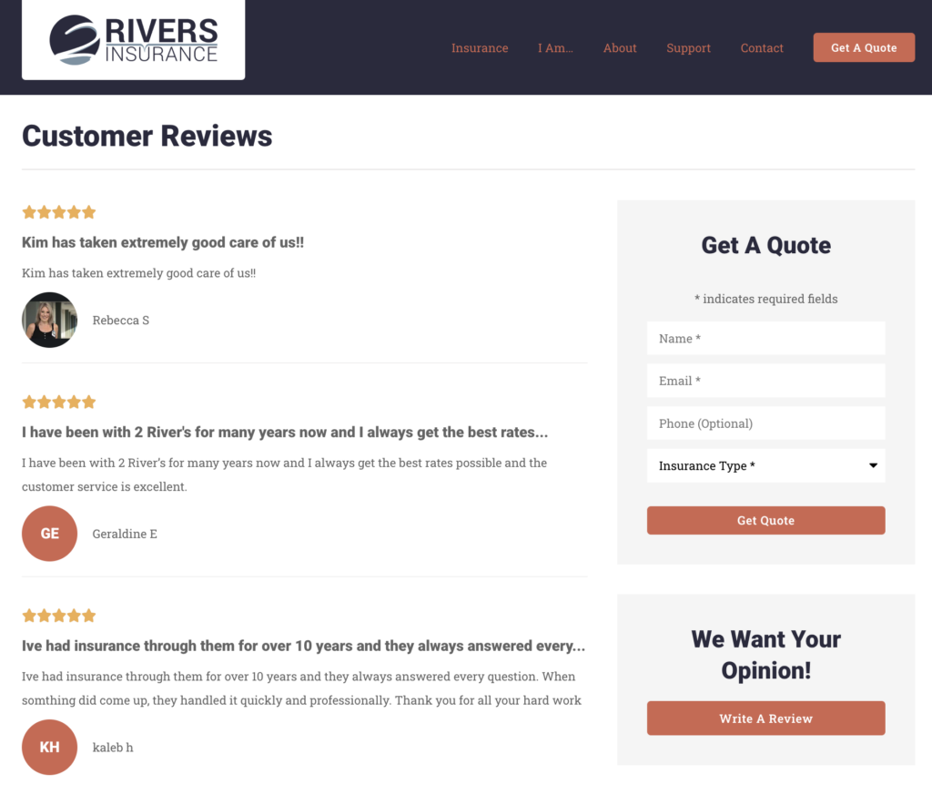 Customer Reviews Page on an Insurance Agency Website